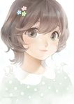  artist_name brown_hair closed_mouth flower green_shirt grey_eyes hair_between_eyes hair_flower hair_ornament looking_at_viewer original polka_dot shirt short_hair shovel simple_background sketch smile solo text_focus upper_body watermark web_address white_background xiangtu 