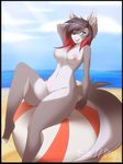  anthro areola armpits ball beach beach_ball breasts canine ear_piercing female looking_at_viewer mammal navel nipples nude one_eye_closed open_mouth outside piercing poyu pussy seaside smile solo teeth thick_thighs tongue wolf 