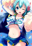  ;d aqua_eyes aqua_hair arm_up blush bow breasts cheerleader collarbone confetti cowboy_shot crop_top crop_top_overhang divine_gate hair_between_eyes hair_bow highres jacket looking_at_viewer medium_breasts midriff miniskirt nanaume_(shichimi_tougarashi) navel one_eye_closed open_mouth panties pantyshot pantyshot_(standing) pleated_skirt pom_poms shirt_lift short_hair skirt skirt_lift sleeveless smile solo standing sweat teeth underboob underwear vivian_(divine_gate) white_panties 