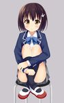  blazer blue_neckwear brown_hair bunny_hair_ornament full_body hair_ornament jacket kneehighs kono_bijutsubu_niwa_mondai_ga_aru! leg_hug maccha panties shoes short_hair sitting skirt solo striped striped_panties underwear usami_mizuki uwabaki 