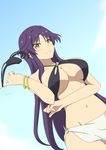  1girl bare_shoulders bikini black_bikini bottomless breasts cleavage collarbone criss-cross_halter goshouin_kyou halter_top halterneck holding_panties large_breasts long_hair navel netoge_no_yome_wa_onna_no_ko_janai_to_omotta? o-ring_bikini purple_hair sarong smile solo standing swimsuit swinging underboob very_long_hair yellow_eyes 