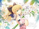  ahoge artoria_pendragon_(all) bad_id bad_pixiv_id bare_shoulders blonde_hair bow calla_lily character_name detached_sleeves dress ells fate/stay_night fate/unlimited_codes fate_(series) flower flower_request from_side gloves green_eyes hair_bow hair_ribbon lily_(flower) looking_at_viewer pink_dress ponytail ribbon saber saber_lily solo upper_body white_flower white_gloves 