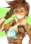  2016 bangs bomber_jacket breasts brown_eyes brown_gloves brown_hair brown_jacket collarbone copyright_name dated enjelicious fur_trim gloves goggles hand_up harness highres jacket large_breasts leather leather_jacket looking_at_viewer overwatch salute short_hair smile solo spiked_hair tracer_(overwatch) upper_body vambraces watermark web_address 
