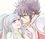  1girl black_hair blue_hair couple gullinbursti_frodi hetero jobo_(isi88) long_hair looking_at_another lyfia_(saint_seiya:_soul_of_gold) open_mouth purple_eyes saint_seiya saint_seiya:_soul_of_gold smile 