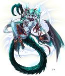  blue_skin conjoined green_hair hydra monster_girl multi_head skeleton_hand skull tail wing 