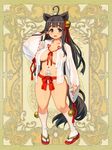  :o ahoge animal_ears bell black_eyes black_hair breasts full_body hair_ornament japanese_clothes jingle_bell large_breasts long_hair long_sleeves miko navel official_art pigeon-toed psychic_hearts ribbon-trimmed_sleeves ribbon_trim ryoji_(nomura_ryouji) sandals solo tail white_legwear wide_sleeves 