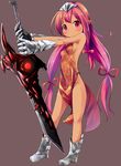  armored_boots bare_arms bare_shoulders blush boots bow breasts brown_background brown_dress closed_mouth commentary_request dress full_body gauntlets groin hair_bow head_tilt headpiece highres holding holding_sword holding_weapon long_hair looking_at_viewer makuran no_panties original outstretched_arms pelvic_curtain pink_bow pink_ribbon pointy_ears purple_eyes purple_hair ribbon simple_background sleeveless sleeveless_dress small_breasts standing sword very_long_hair weapon 