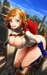  absurdres blonde_hair blue_eyes blue_gloves breasts building cape chirigami-san cleavage cleavage_cutout day dc_comics flying gloves highres large_breasts looking_at_viewer midair power_girl short_hair sky smile solo thighs 