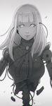  1girl blame! blunt_bangs blurry breasts broken cibo commentary cyborg depth_of_field greyscale highres ilya_kuvshinov_(style) joints koyorin long_hair md5_mismatch medium_breasts monochrome photoshop_(medium) robot_joints science_fiction simple_background solo spine upper_body watermark web_address white_eyes wire 