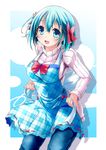  :d apron aqua_eyes aqua_hair bow breasts cowboy_shot denim divine_gate hair_bow highres jeans long_sleeves looking_at_viewer medium_breasts nanaume_(shichimi_tougarashi) open_mouth pants ribbed_sweater ribbon-trimmed_clothes ribbon_trim short_hair smile solo sweater vivian_(divine_gate) 