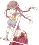  1girl :3 bare_shoulders blush braid breasts brown_hair cleavage cowboy_shot final_fantasy final_fantasy_xii final_fantasy_xii_revenant_wings gloves junjam long_hair looking_at_viewer midriff navel penelo purple_eyes sidelocks solo standing twin_braids 