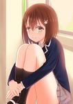  bad_id bad_pixiv_id brown_hair highres kaname_(melaninusa09) kneehighs kono_bijutsubu_niwa_mondai_ga_aru! leg_hug shoes short_hair sitting skirt solo usami_mizuki uwabaki window 