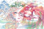  air_bubble animal bangs blue_eyes bubble face fish goldfish ineko lips long_hair looking_at_viewer multicolored_hair orange_hair original parted_bangs plant portrait solo white_background 