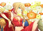  ahoge alternate_costume bad_id bad_pixiv_id bangle bangs blonde_hair bracelet breasts camisole character_name choker cleavage cloak couch crop_top cup elbow_rest ells fate/extra fate_(series) floral_background flower goblet greaves green_eyes hair_bun head_tilt holding holding_cup jewelry knee_up looking_at_viewer medium_breasts midriff navel necklace nero_claudius_(fate) nero_claudius_(fate)_(all) no_bra open_clothes open_robe poppy_(flower) red_skirt robe short_hair skirt skirt_set solo spaghetti_strap text_focus 