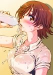  ayumu-k blush bottle breasts brown_eyes brown_hair drinking highres honda_mio idolmaster idolmaster_cinderella_girls large_breasts looking_at_viewer open_mouth shadow shirt short_hair simple_background solo spilling sweat upper_body water wet wet_clothes white_shirt yellow_background 