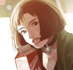  bad_id bad_twitter_id black_choker black_hair carton choker green_eyes green_sweater highres jewelry kino_(4545kinoco) leon_the_professional lips mathilda_lando milk monochrome nose pendant profile real_life realistic short_hair solo sweater 