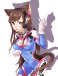  animal_ears armor artist_name asarilce bangs bodysuit breasts brown_eyes brown_hair cat_ears cat_tail cleavage cleavage_cutout covered_navel cowboy_shot d.va_(overwatch) eyebrows eyebrows_visible_through_hair facepaint facial_mark gloves groin hands_up headphones high_collar highres kemonomimi_mode large_breasts long_hair looking_at_viewer overwatch pauldrons paw_pose pilot_suit ribbed_bodysuit shadow shoulder_pads simple_background solo tail thigh_strap tongue tongue_out turtleneck whisker_markings white_background white_gloves 