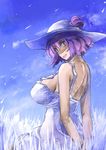  arms_behind_back bare_shoulders breasts dress fang hair_bun hat impossible_clothes impossible_dress large_breasts looking_at_viewer open_mouth purple_hair red_eyes short_hair smile solo touhou white_dress yasaka_kanako yohane 