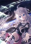  asymmetrical_legwear black_legwear blue_eyes collar collarbone highres ia_(vocaloid) jewelry long_hair looking_at_viewer pink_skirt ring silver_hair skirt solo space susie_481 thighhighs vocaloid 