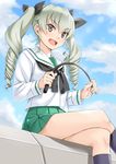  alternate_costume anchovy black_ribbon brown_eyes cloud cloudy_sky crossed_legs day drill_hair girls_und_panzer green_hair green_skirt hair_ribbon kneehighs long_hair long_sleeves miri_(ago550421) ooarai_school_uniform open_mouth pleated_skirt ribbon riding_crop sailor_collar school_uniform serafuku sitting skirt sky solo twin_drills twintails 