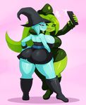 &lt;3 alien amphibian big_breasts big_butt breasts butt clothed clothing curvaceous duo fish flora_fauna floran hat humanoid hylotl marine plant pose selfie simple_background sssonic2 starbound tayveen video_games wide_hips witch_hat xena_lerrickton 