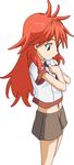  amou_kanade eyebrows eyebrows_visible_through_hair hands_clasped long_hair looking_down midriff mototenn navel own_hands_together parted_lips red_eyes red_hair senki_zesshou_symphogear shirt short_sleeves shorts solo wavy_hair white_background younger 