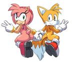  amy_rose anus backsack balls blue_eyes breasts canine coolblue female fox green_eyes hand_holding happy hedgehog male mammal miles_prower mostly_nude pussy smile sonic_(series) 