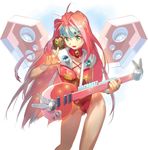  alien bare_legs bass_guitar breasts collar forehead_protector green_eyes guvava holy_pumpkin instrument leotard logo long_hair macross macross_7 mylene_jenius one_eye_closed pet pink_hair red_leotard shoulder_pads small_breasts sparkle speaker wristband 