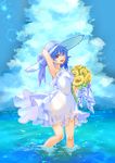  :d arm_behind_head arm_up armpits bangs blue_background blue_hair blue_sky bouquet cloud cloudy_sky day dress flower hair_over_eyes hat hat_ribbon highres holding holding_bouquet looking_at_viewer noah_noir open_mouth original red_eyes ribbon short_hair sky sleeveless sleeveless_dress smile solo straw_hat sundress sunflower wading water white_dress 