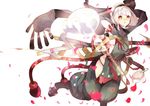  :o adapted_costume black_hairband black_panties black_ribbon black_scarf blush chaps daikoku_osamu glint gloves green_gloves hair_ribbon hairband katana konpaku_youmu konpaku_youmu_(ghost) looking_at_viewer panties petals revealing_clothes ribbon rope sarashi scarf sheath sheathed short_hair sleeveless solo string_panties sword tabard touhou underwear v-shaped_eyebrows weapon white_background white_hair yellow_eyes 