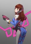  arched_back armor artist_name ass bangs blunt_bangs bodysuit bracer breasts brown_eyes brown_hair character_name charm_(object) cicely cowboy_shot d.va_(overwatch) dual_wielding facepaint facial_mark from_behind gloves gradient gradient_background gun hand_up handgun headphones high_collar holding holding_gun holding_weapon lips long_hair looking_at_viewer looking_back medium_breasts overwatch parted_lips pauldrons pilot_suit pink_lips ribbed_bodysuit shoulder_pads signature smile solo thigh_strap turtleneck weapon whisker_markings white_gloves 