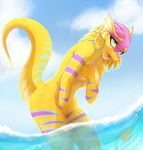  5_fingers alayana anthro bikini blonde_hair breasts chloe-dog clothing day dragon eyelashes female fur green_eyes hair nude open_mouth outside partially_submerged pink_fur pink_hair sky solo striped_fur stripes swimsuit teeth tongue water yellow_fur 