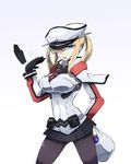  bag black_gloves black_legwear blonde_hair breasts capelet cowboy_shot depo_(typebaby505) food gloves graf_zeppelin_(kantai_collection) grey_eyes groceries hair_between_eyes hat hot iron_cross jacket kantai_collection large_breasts military military_hat military_uniform miniskirt open_mouth pantyhose peaked_cap plastic_bag sidelocks skirt solo sweat tongue tongue_out twintails uniform white_capelet 