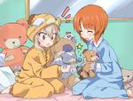  boko_(girls_und_panzer) brown_eyes brown_hair cosplay girls_und_panzer hibimegane kigurumi long_hair multiple_girls nishizumi_miho open_mouth pajamas shimada_arisu smile stuffed_animal stuffed_toy teddy_bear 