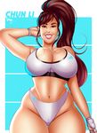  1girl adidas breasts brown_eyes brown_hair capcom chun-li cleavage curvy female grin huge_breasts jassycoco long_hair looking_at_viewer muscle navel ponytail smile solo sporty street_fighter thick_thighs thighs toned wide_hips 