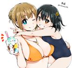  age_difference bikini black_hair blue_eyes breasts bright_pupils brown_eyes brown_hair carrying child cleavage collarbone food grin hug ice_cream jewelry kirikirimai_(kkm) large_breasts multiple_girls necklace one-piece_swimsuit one_eye_closed original school_swimsuit short_hair side_ponytail signature simple_background smile swimsuit v white_background 