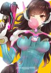  2016 animal_print armor bangs blush bodysuit bracer breasts breasts_apart brown_eyes brown_hair bunny_print character_name copyright_name cowboy_shot d.va_(overwatch) dated enjelicious eyebrows eyebrows_visible_through_hair facepaint facial_mark finger_on_trigger gloves gun hand_up handgun headphones high_collar highres holding holding_gun holding_weapon long_hair long_sleeves medium_breasts one_eye_closed overwatch pauldrons pilot_suit ribbed_bodysuit shoulder_pads solo turtleneck watermark weapon web_address whisker_markings white_gloves 