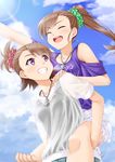  ^_^ barefoot brown_hair carrying closed_eyes cloud day futami_ami futami_mami grin idolmaster idolmaster_(classic) jewelry long_hair miri_(ago550421) multiple_girls necklace open_mouth piggyback purple_eyes puzzle_piece scrunchie see-through siblings side_ponytail sisters sky smile toes twins 