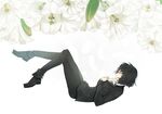  black_footwear black_hair chain_sumeragi closed_eyes commentary_request flower formal from_side holding holding_flower kekkai_sensen lily_(flower) pant_suit profile sagami_(akisumi0911h) shoes short_hair solo suit white_background white_flower 