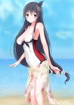  absurdres adapted_costume alternate_costume bare_arms bare_legs bare_shoulders black_hair breasts commentary_request fusou_(kantai_collection) hair_between_eyes hair_ornament highres kantai_collection kikuzunooka long_hair looking_at_viewer red_eyes sarong 