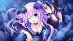  ;d adult_neptune bangs blush book boots bracelet breasts choker cleavage d-pad d-pad_hair_ornament eyebrows eyebrows_visible_through_hair game_cg hair_ornament highres holding holding_book hood hooded_track_jacket jacket jewelry long_hair looking_at_viewer lying medium_breasts neptune_(series) official_art on_stomach one_eye_closed open_collar open_mouth purple_eyes purple_hair shin_jigen_game_neptune_vii sidelocks smile solo track_jacket tsunako 