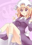  :o aki_chimaki blonde_hair blush clenched_hands commentary_request dress hat long_sleeves maribel_hearn mob_cap multiple_girls purple_dress purple_eyes socks solo_focus touhou usami_renko v white_legwear 