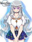  ahoge between_breasts blue_eyes blush breasts hands_together large_breasts logo long_hair lowres multicolored multicolored_eyes neckerchief official_art outline plaid plaid_skirt purple_eyes ryoji_(nomura_ryouji) school_uniform short_sleeves silver_hair silver_rain skirt solo thighhighs v_arms white_legwear 