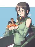  &gt;_&lt; aa_gun aircraft airplane bad_id bad_pixiv_id black_hair breasts brown_hair brown_shirt brown_skirt closed_eyes collar detached_sleeves fairy_(kantai_collection) glasses green_shirt green_skirt kantai_collection large_breasts long_hair minigirl multiple_girls oda_masaki_(b-minor) open_mouth orange_eyes original ponytail ribbon rimless_eyewear salute shiden_kai_2_(kantai_collection) shinano_(kantai_collection) shirt skirt smokestack white_ribbon 