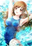  afloat arms_behind_head blush breasts brown_eyes brown_hair competition_swimsuit idolmaster idolmaster_cinderella_girls idolmaster_cinderella_girls_starlight_stage large_breasts long_hair nitta_minami okappakira one-piece_swimsuit open_mouth solo swimsuit 