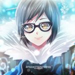  2016 bangs beads black-framed_eyewear blue_gloves brown_eyes brown_hair closed_mouth coat copyright_name dated enjelicious eyebrows eyebrows_visible_through_hair fur-trimmed_jacket fur_coat fur_trim glasses gloves hair_bun hair_ornament hair_stick jacket looking_at_viewer mei_(overwatch) overwatch pink_lips short_hair sidelocks smile snowflake_hair_ornament solo swept_bangs upper_body watermark web_address winter_clothes winter_coat 