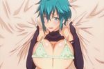  1girl animated animated_gif aqua_eyes aqua_hair areolae bare_shoulders bed blush bouncing_breasts bra breastplate breasts cleavage large_breasts lying nipples on_back rance rance_(series) short_hair undressing upper_body 