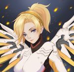  artist_name bangs blonde_hair blue_eyes bodysuit breasts cicely closed_mouth emblem headwear high_collar large_breasts looking_at_viewer mechanical_halo mechanical_wings mercy_(overwatch) overwatch parted_bangs pink_lips ponytail signature solo spread_wings turtleneck upper_body wings yellow_wings 