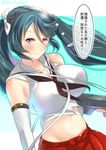  breasts elbow_gloves gloves green_eyes green_hair gun hair_ribbon hairband huge_breasts isuzu_(kantai_collection) juurouta kantai_collection long_hair midriff ribbon school_uniform serafuku smile solo translated twintails weapon 