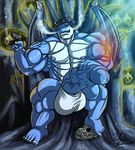  2016 5_toes abs animal_genitalia anthro balls barefoot belly biceps big_biceps big_penis black_hair blue_eyes blue_skin bottomless candle chair cigar clothed clothing deadanthro detailed_background dragon erection fangs fire front_view hair hand_on_penis hi_res holding_object horn huge_penis humanoid_penis looking_at_viewer male manly markings mature_male muscular muscular_male nipples nude partially_retracted_foreskin pecs penis pose relaxing sitting skull smoke smoking solo symbol tattoo teeth thick_penis throne toes topless uncut vein veiny_penis wings wolfthings 